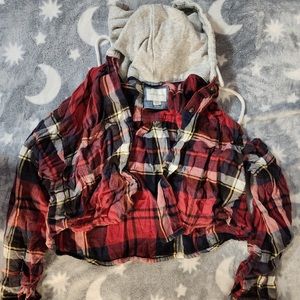 American Eagle Red Plaid Crop Flannel Hoodie Shirt Jacket Size S